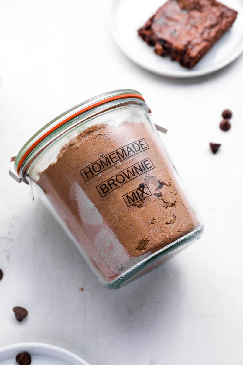 homemade brownie mix in a sealed jar with a label that reads homemade brownie mix.