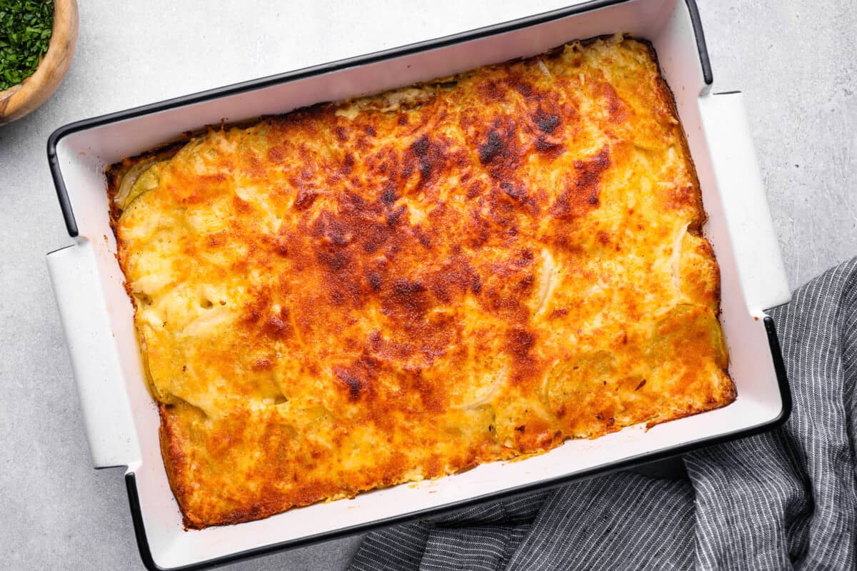 baked au gratin potatoes in a 9x13 baking pan.