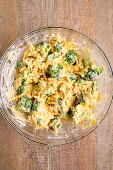 broccoli cheese casserole in a glass bowl.