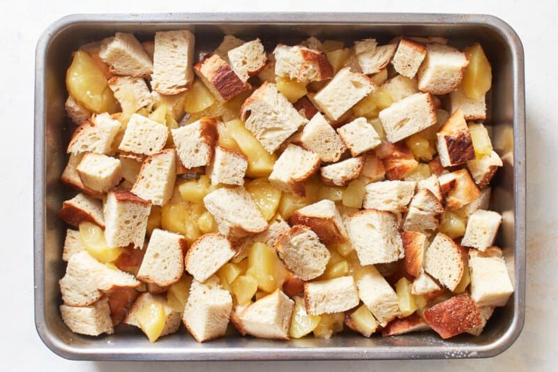 brea pudding assembled in casserole dish, before baking