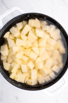 mashed potato cubes boiling in a stock pot.