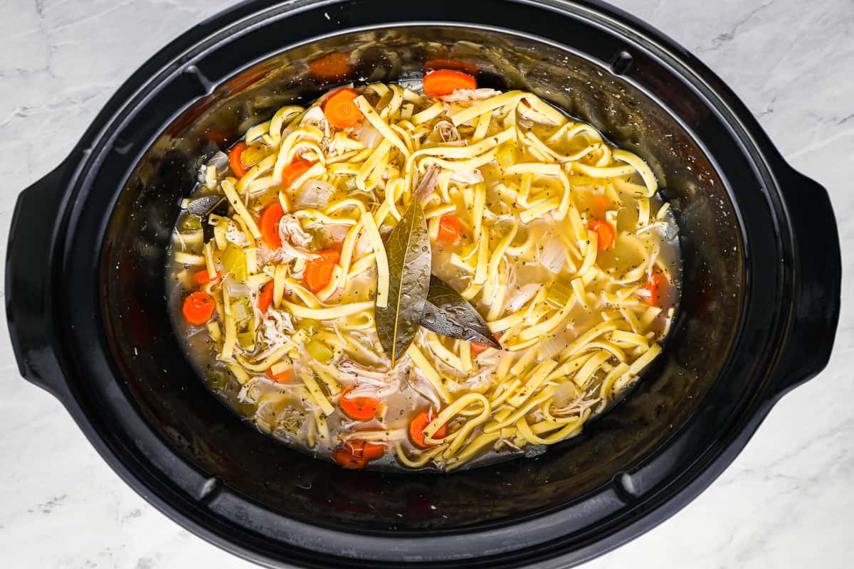 turkey noodle soup in a crockpot.