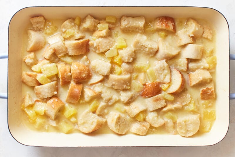 bread pudding mixture in a baking dish, before baking