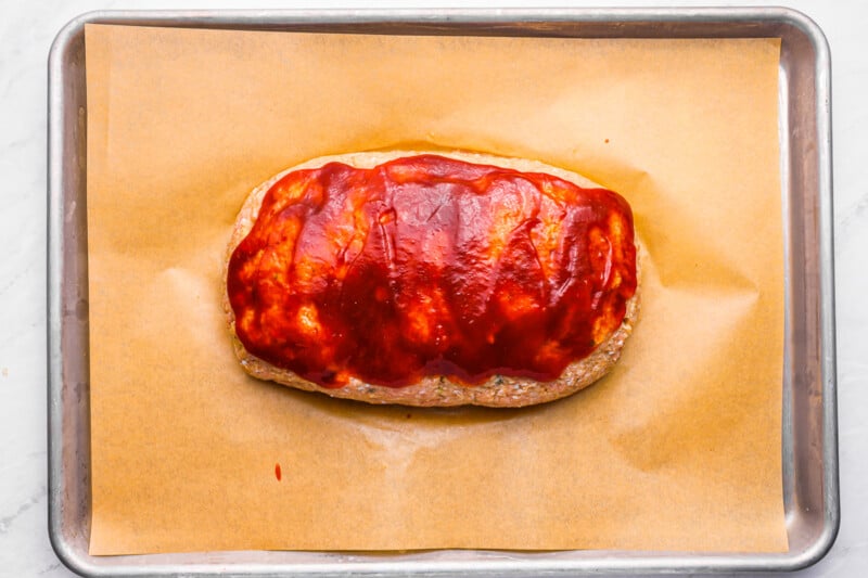 glazed meatloaf on a baking tray