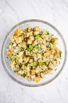 overhead view of vegetarian stuffing in a glass bowl.