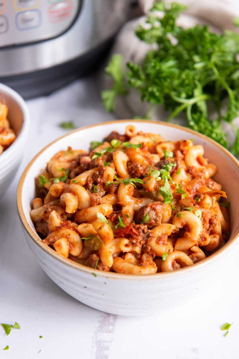 a bowl of instant pot goulash with macaroni and beef