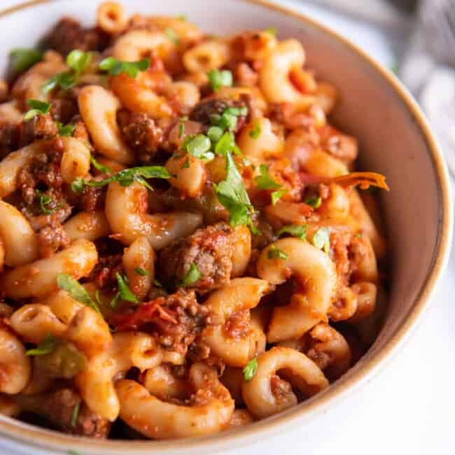 a bowl of American style goulash