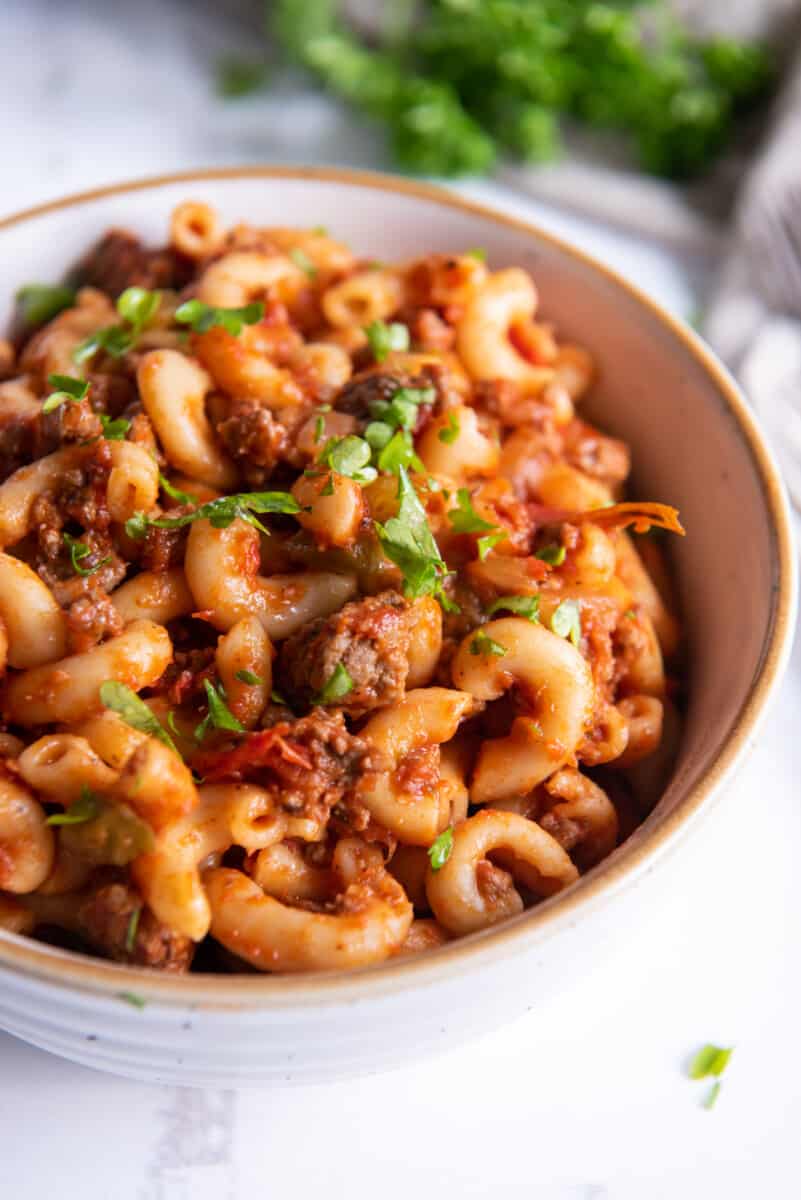 a bowl of American style goulash