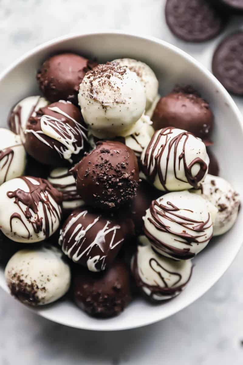 oreo balls in a white bowl.