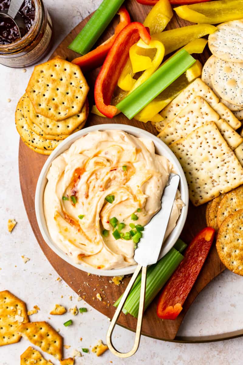 hot pepper jelly dip on a serving board