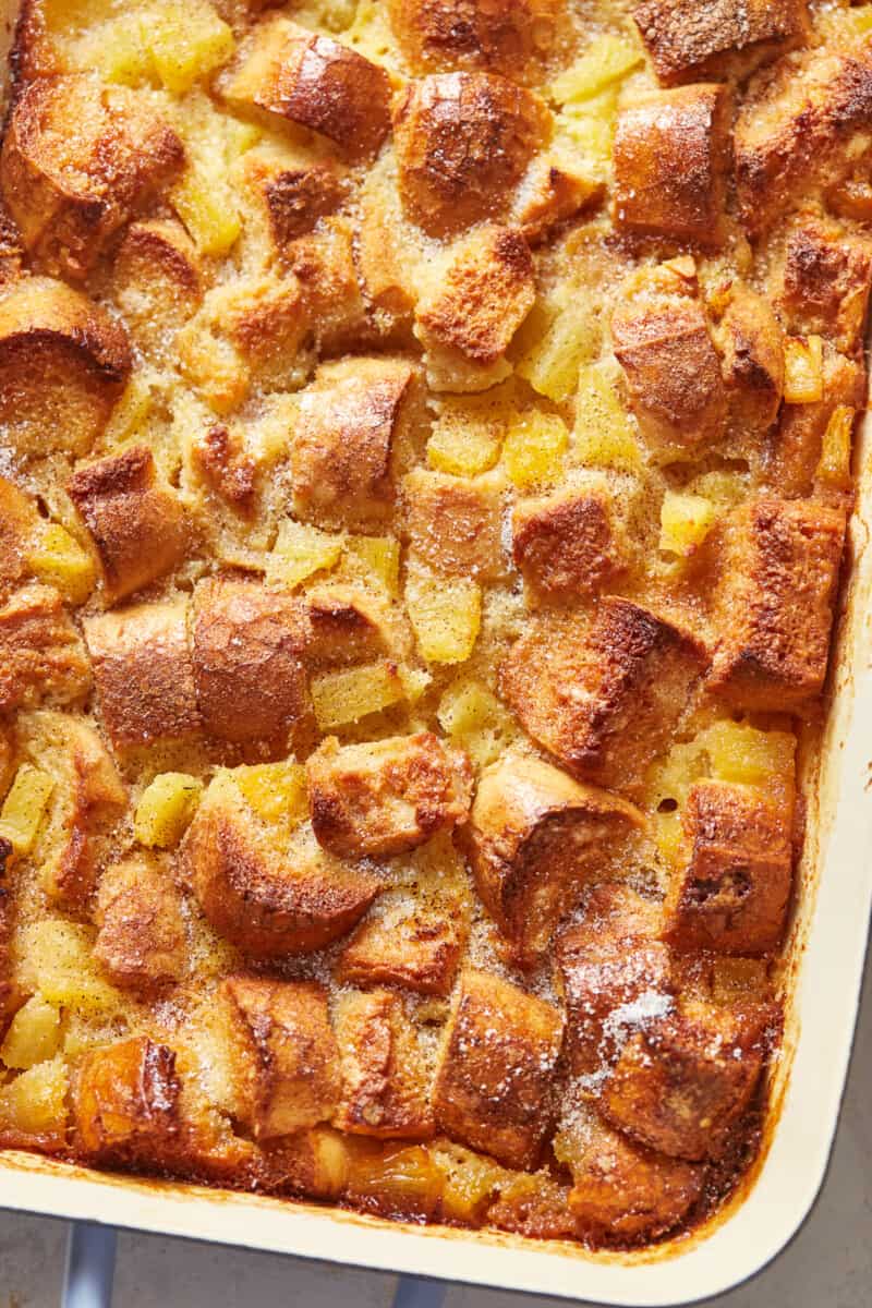 close up on a dish of pineapple bread pudding