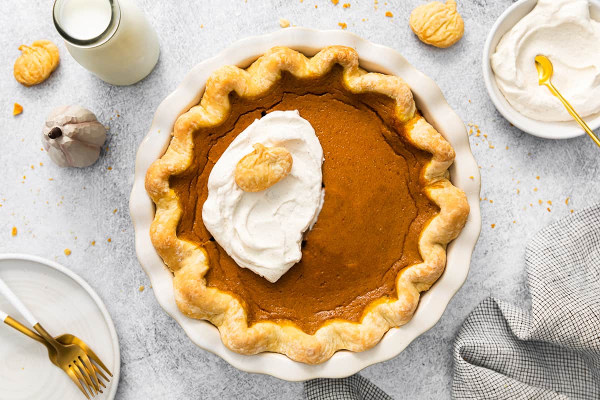 homemade pumpkin pie viewed from above