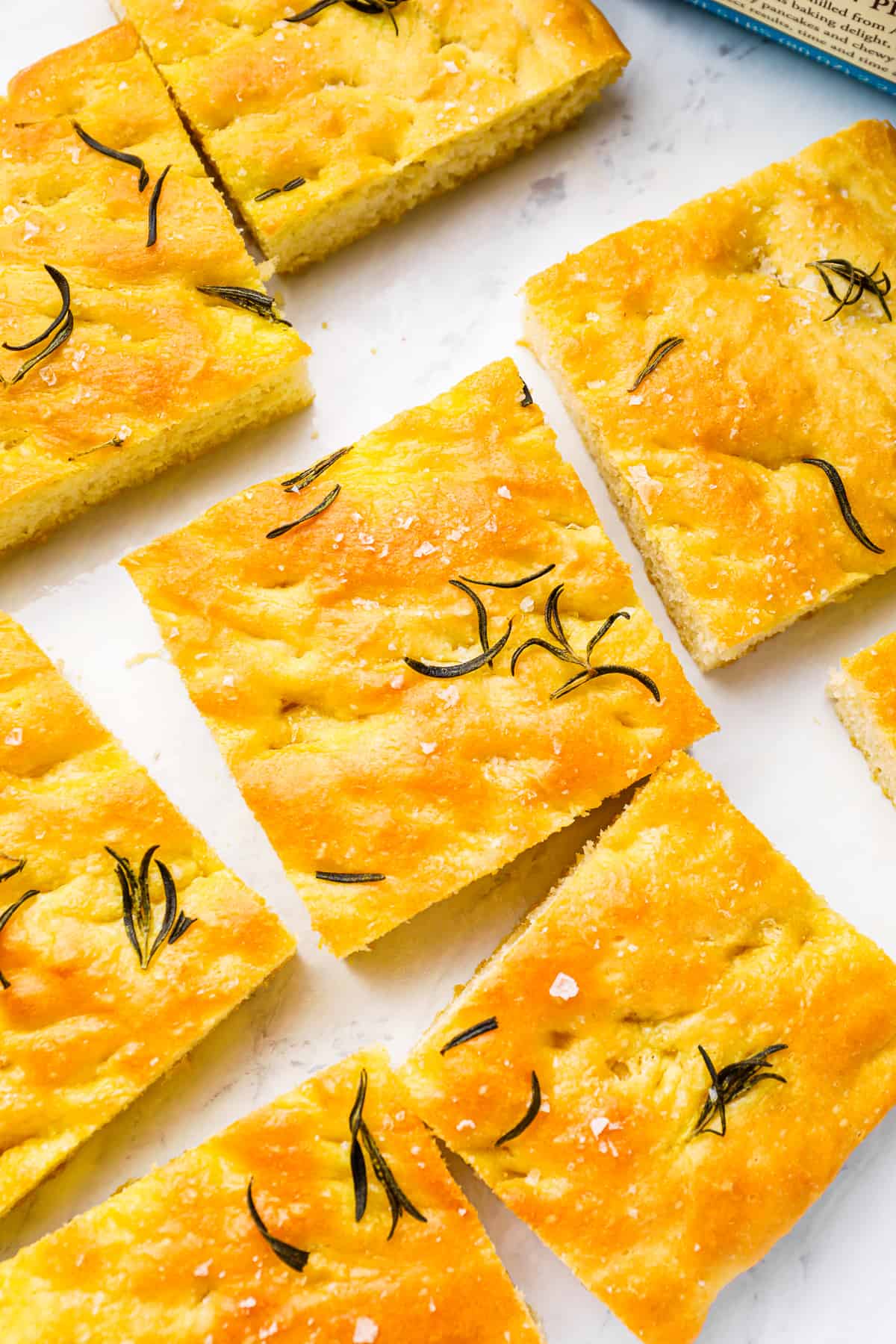 Slices of focaccia bread with rosemary. - 12