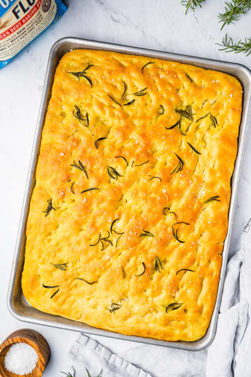 a tray of fresh rosemary focaccia