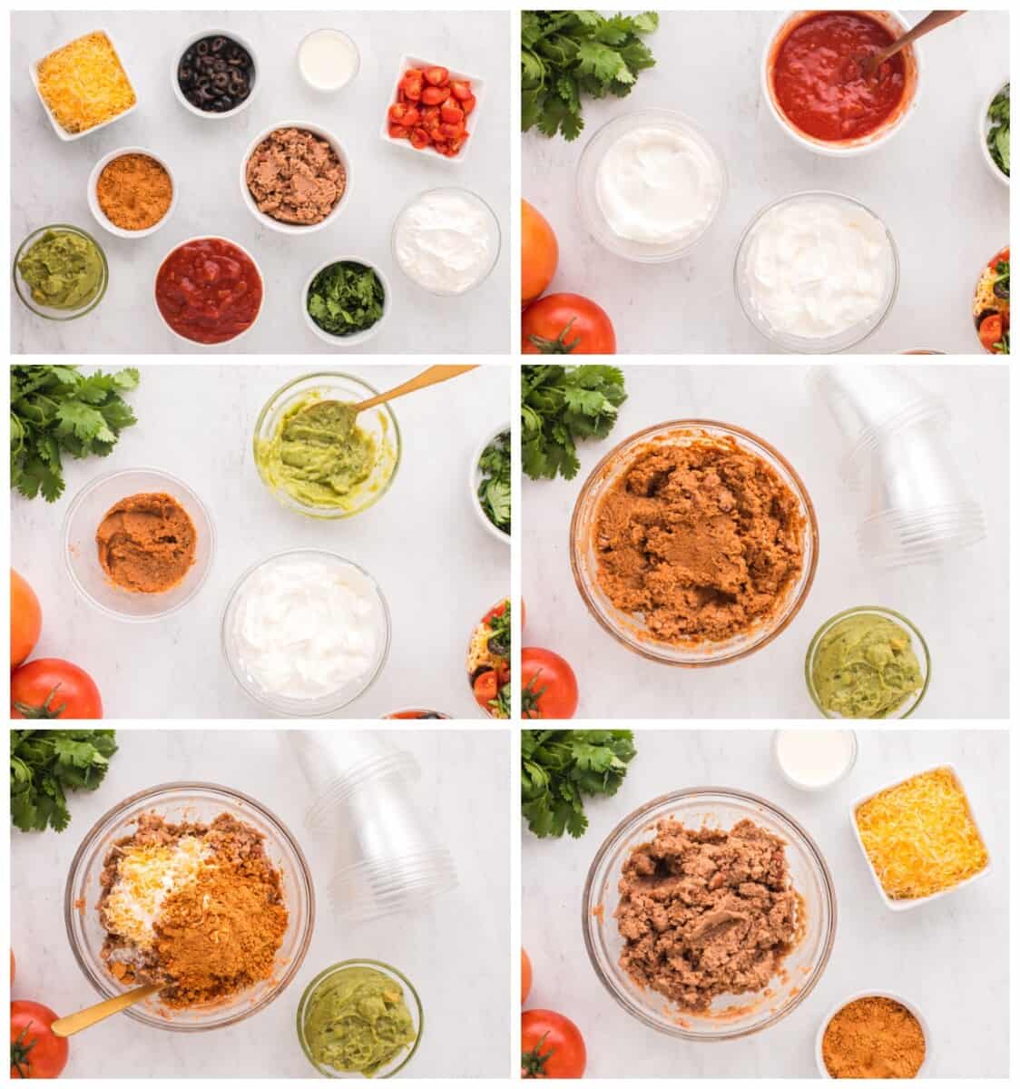 step by step photos for how to make 7 layer dip cups.