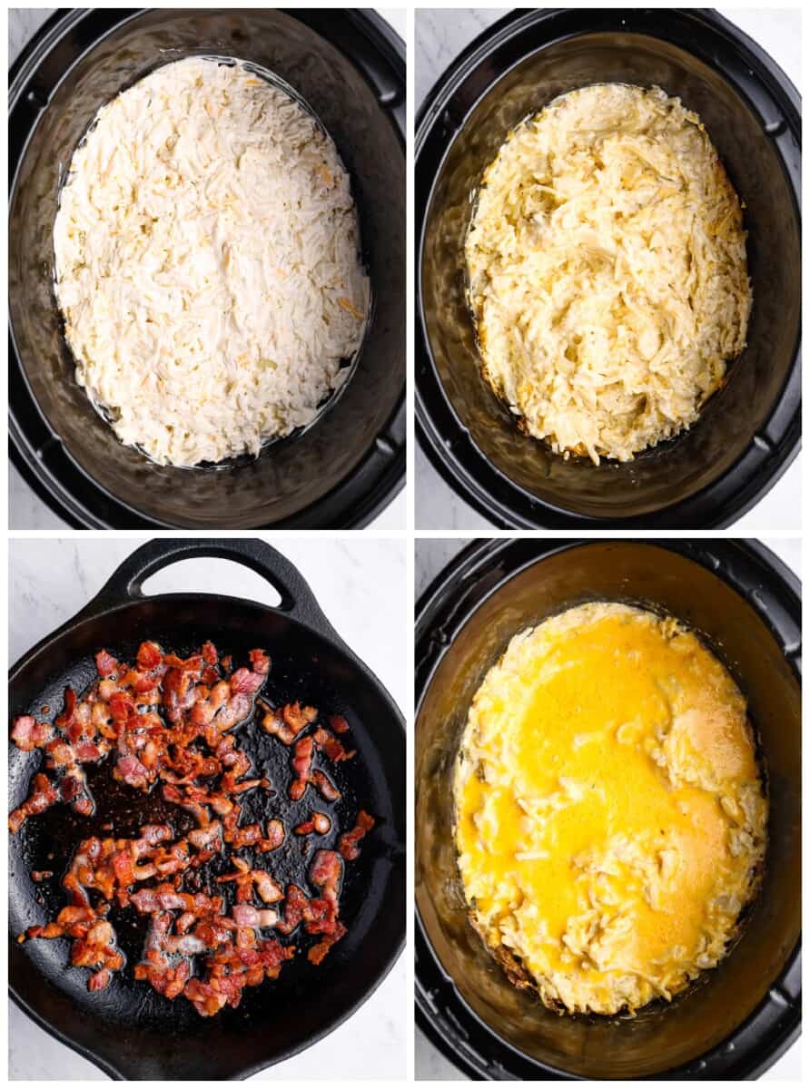 step by step photos for how to make crockpot cheesy hashbrown potatoes.