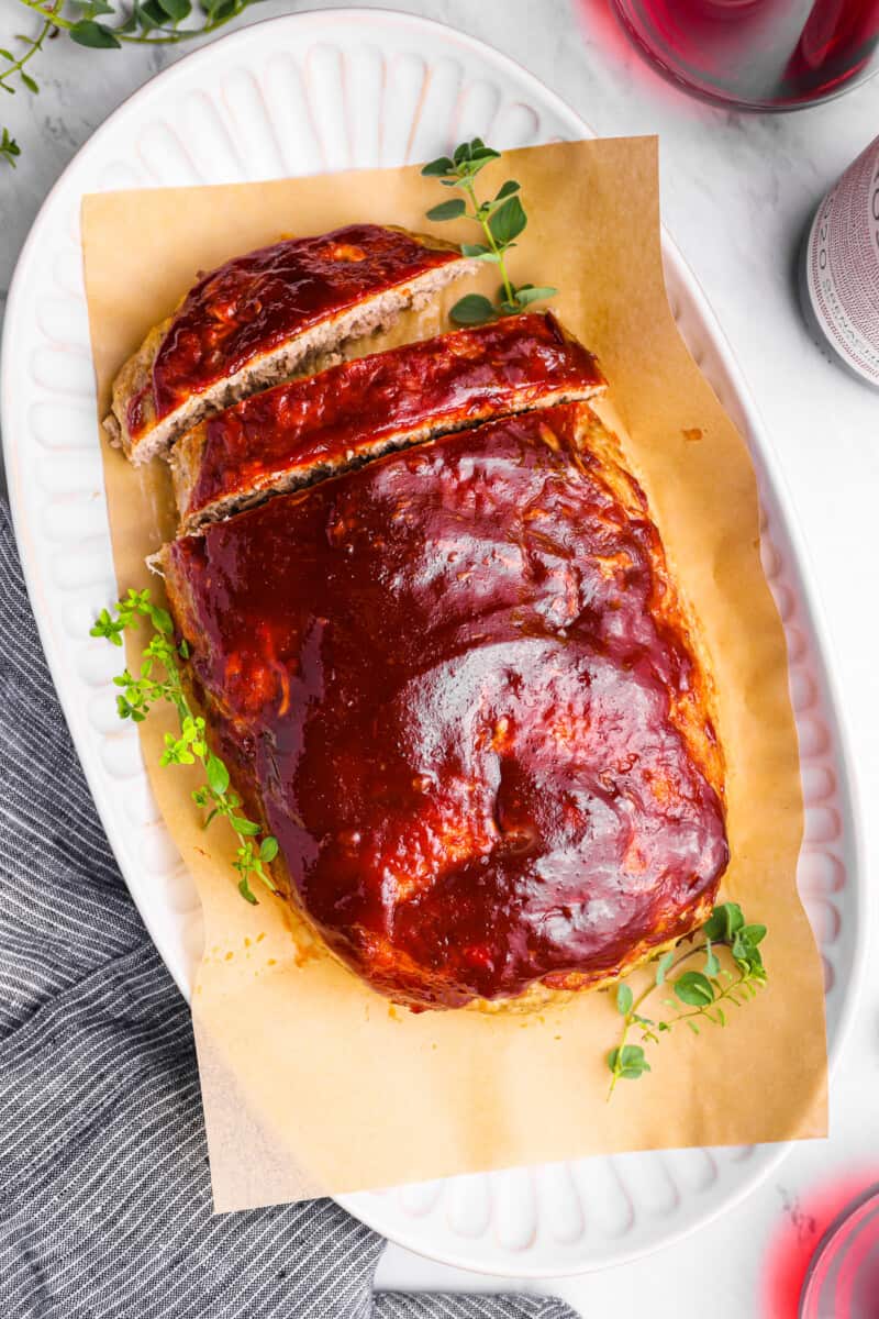 overhead view of turkey meatloaf, partially sliced