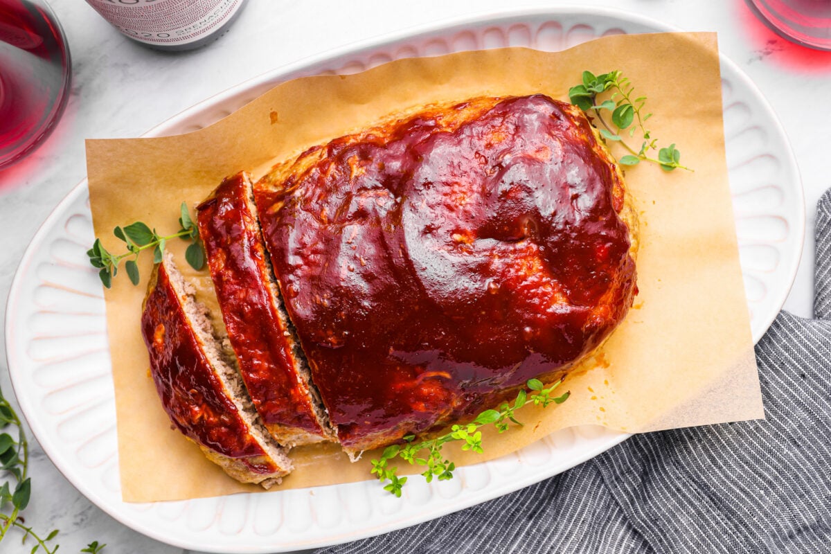 overhead view of turkey meatloaf, partially sliced