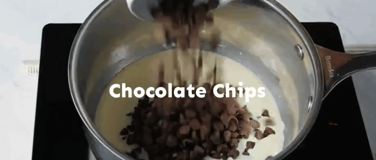 Preparing the chocolate frosting. 