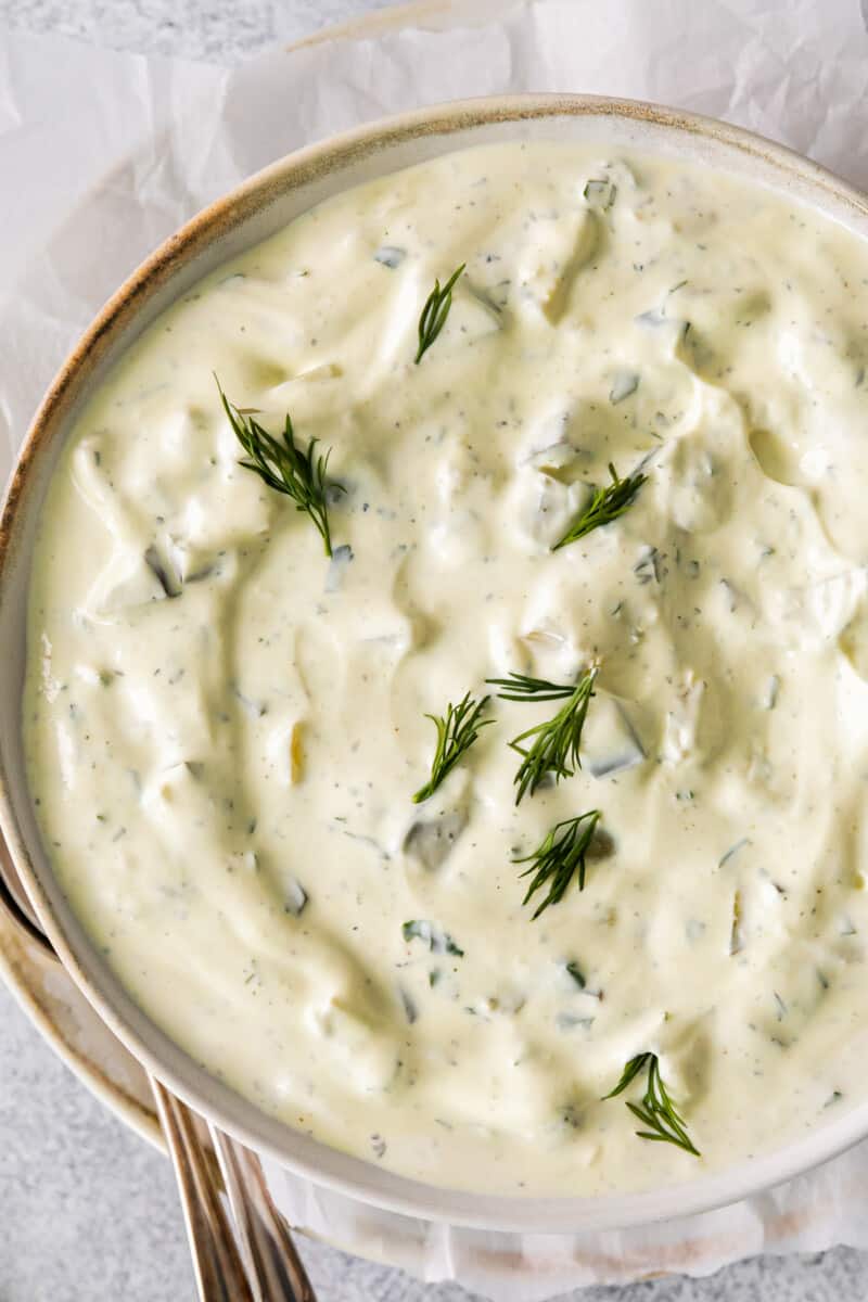 close up on a bowl of ranch dill pickle dip