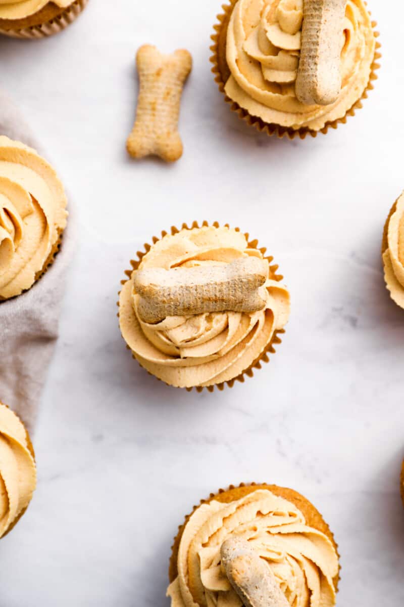 overhead view of dog cupcakes on a white marble table.