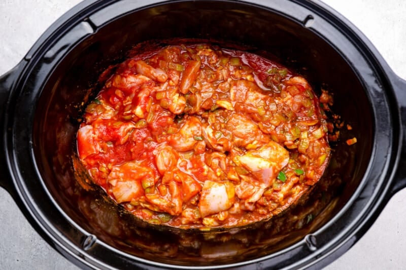 ingredients for crockpot chicken tikka masala in a crockpot.