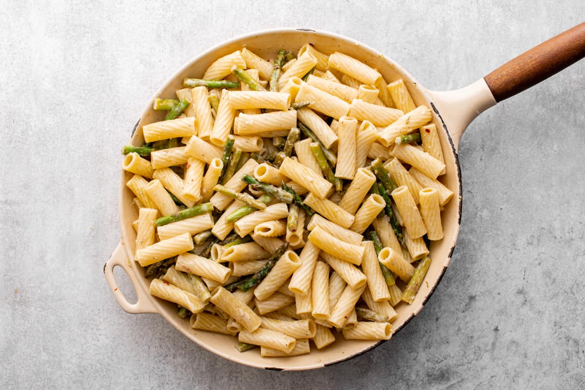 Skillet full of lemon asparagus pasta. - 8