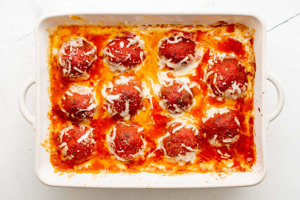 meatball casserole in a white sultry pan.