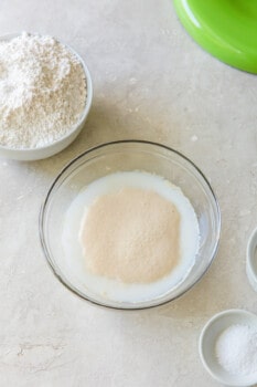 foamy yeast on top of warm milk and water in a glass bowl.