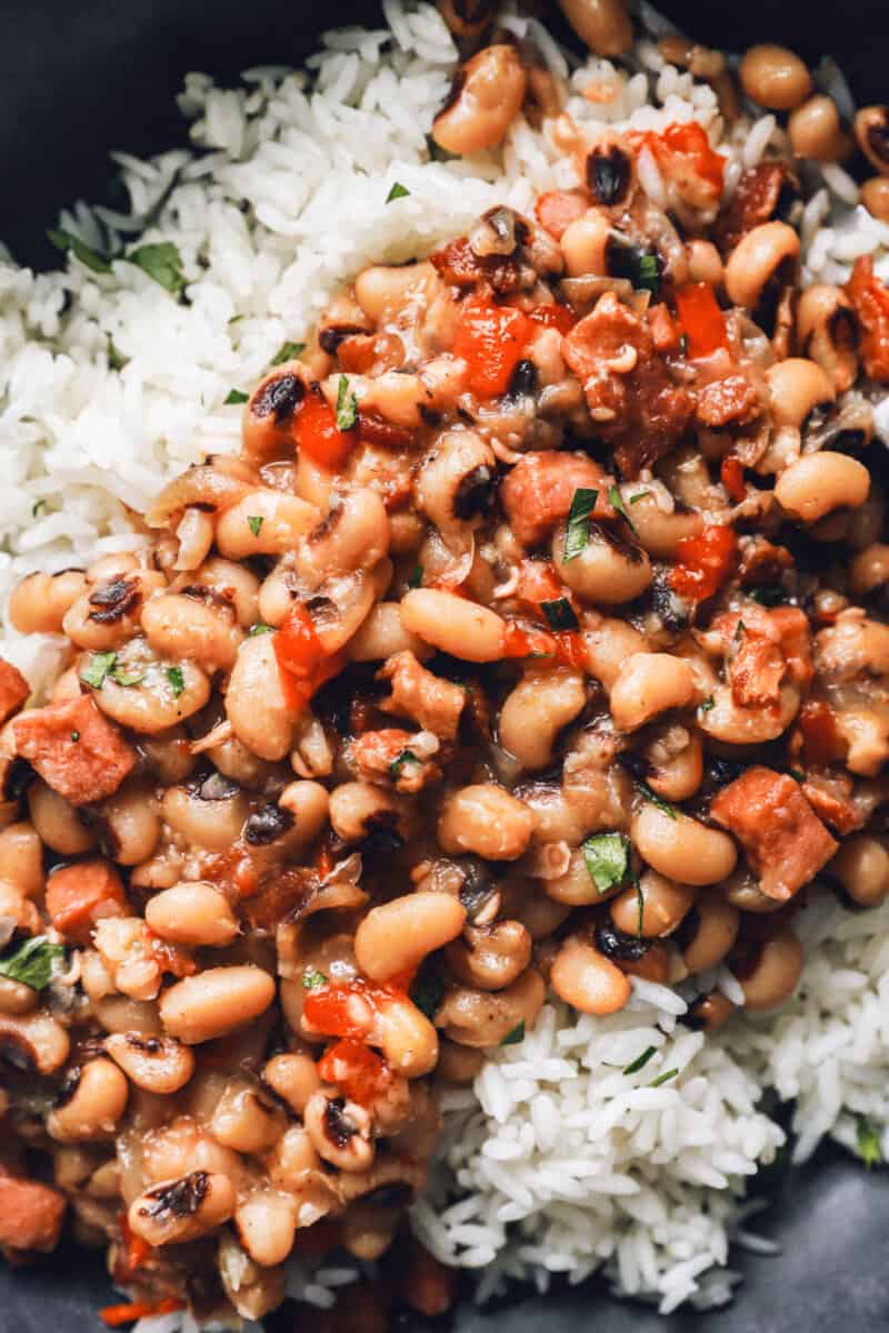 close up on black eyed peas and rice