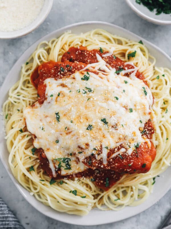 instant pot chicken parmesan on a white plate.