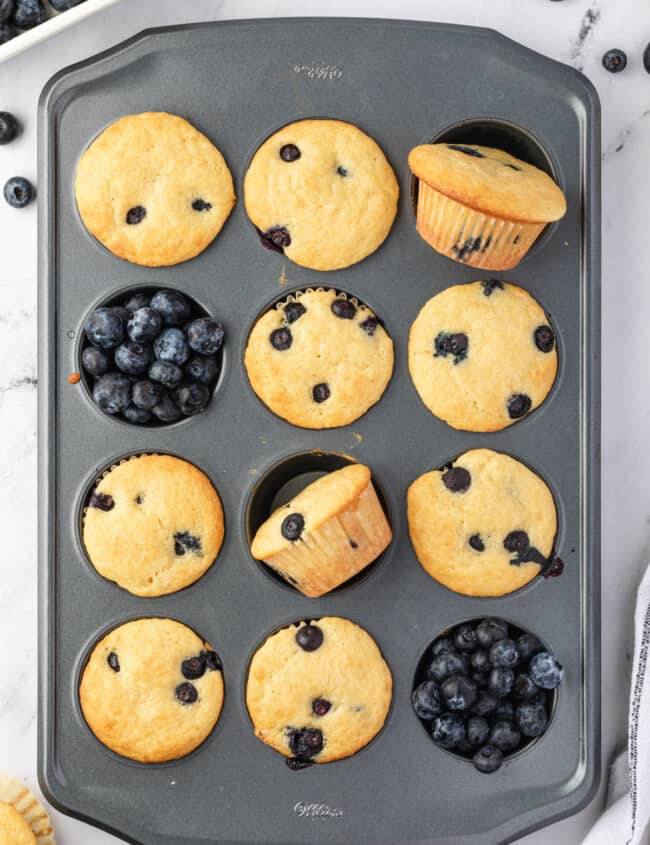 10 blueberry pancake muffins in a muffin tin with blueberries in the remaining muffin wells.