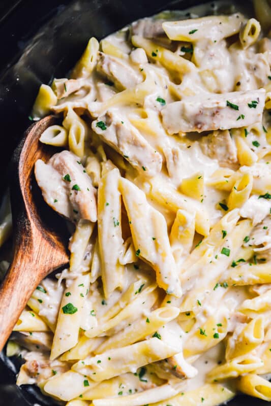 crockpot chicken alfredo in a slow cooker