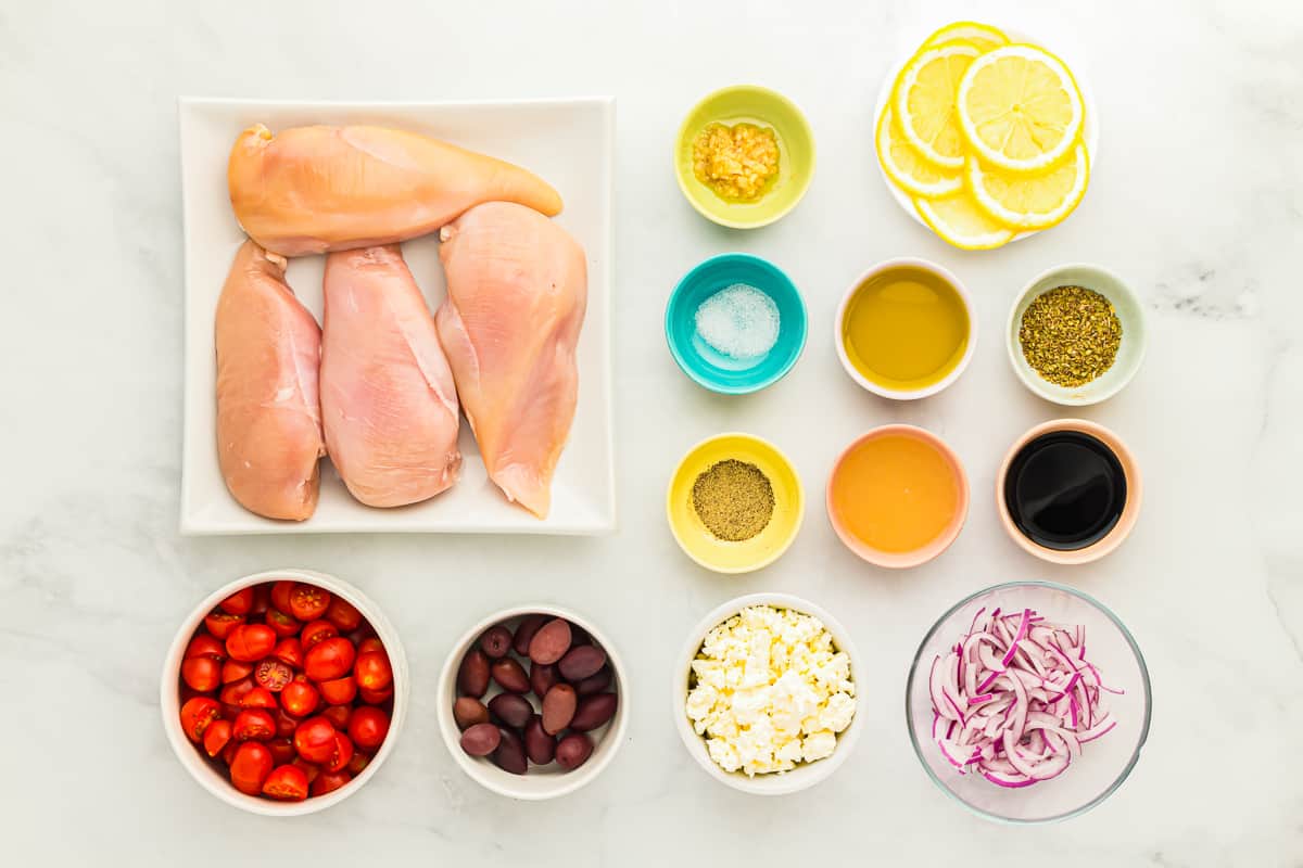 overhead view of ingredients for baked greek chicken.