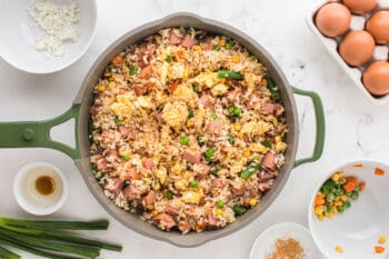 ham fried rice in a frying pan.