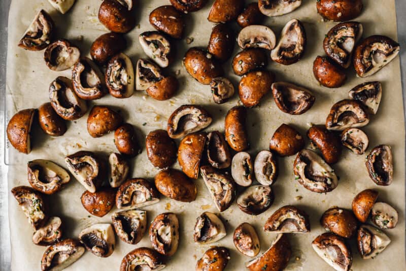 roasted mushrooms on a baking sheet.