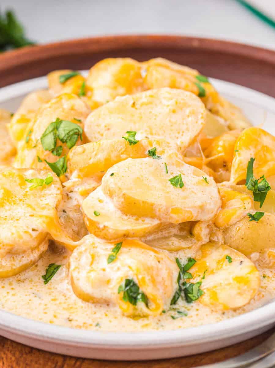 instant pot scalloped potatoes on a white plate.