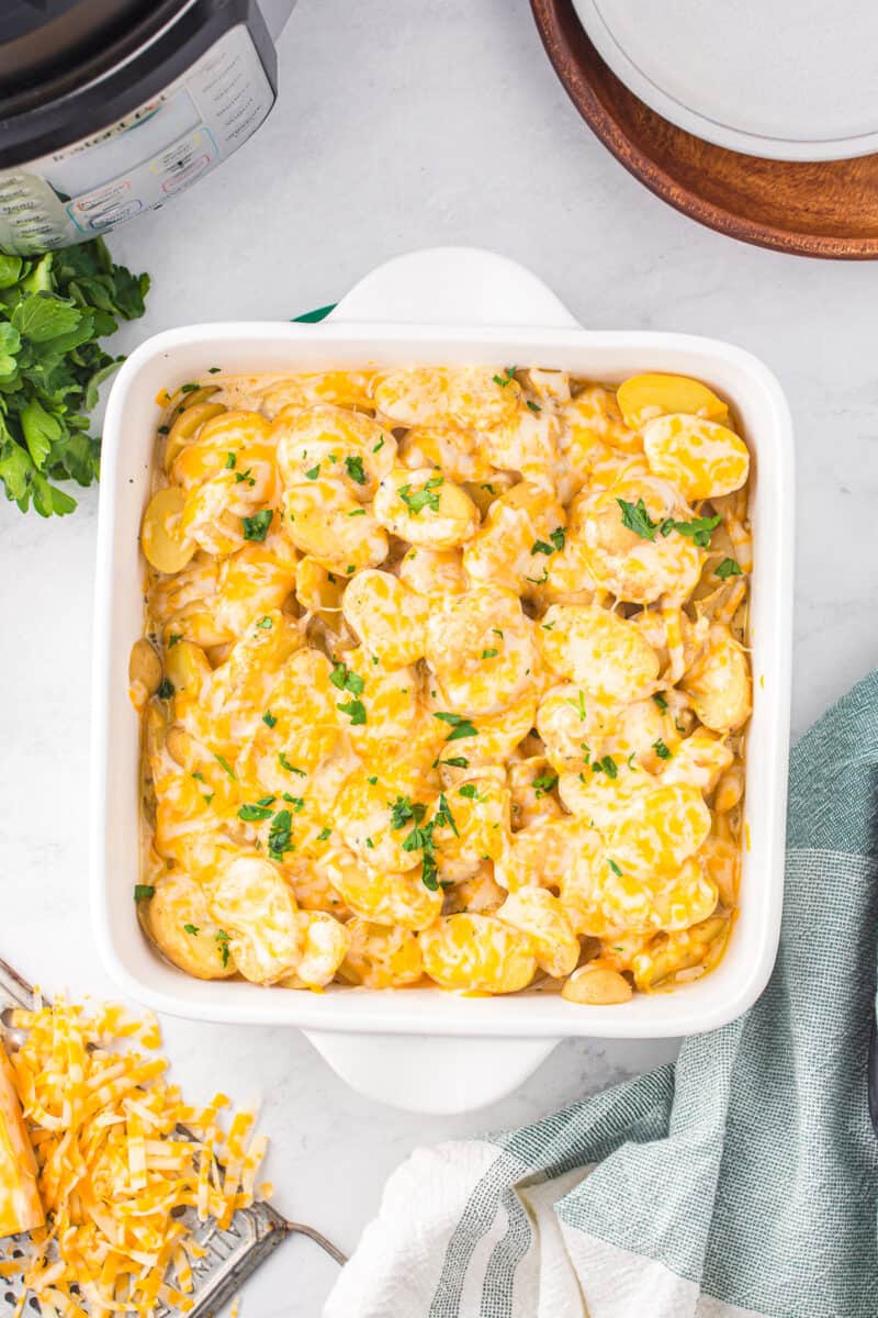 overhead view of instant pot scalloped potatoes in a white square baking dish.