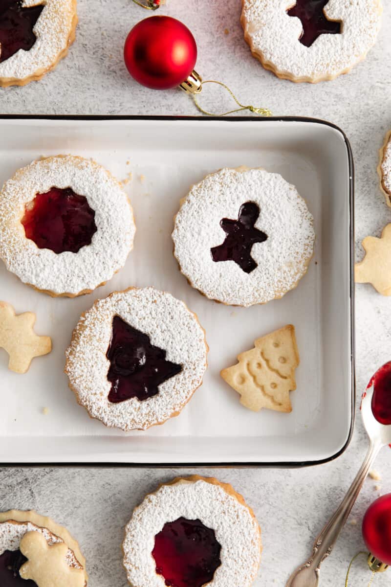 Christmas linzer cookies on a tray