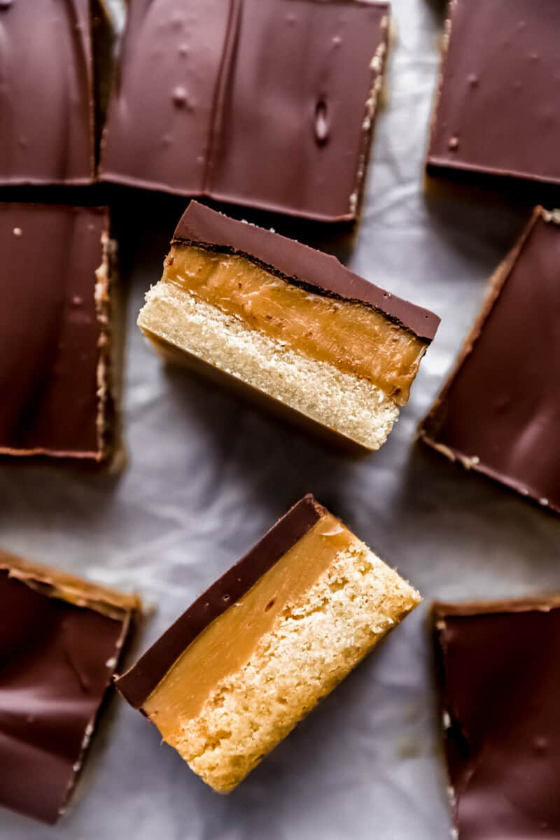 close up view of cut millionaire bars, two turned on their sides.