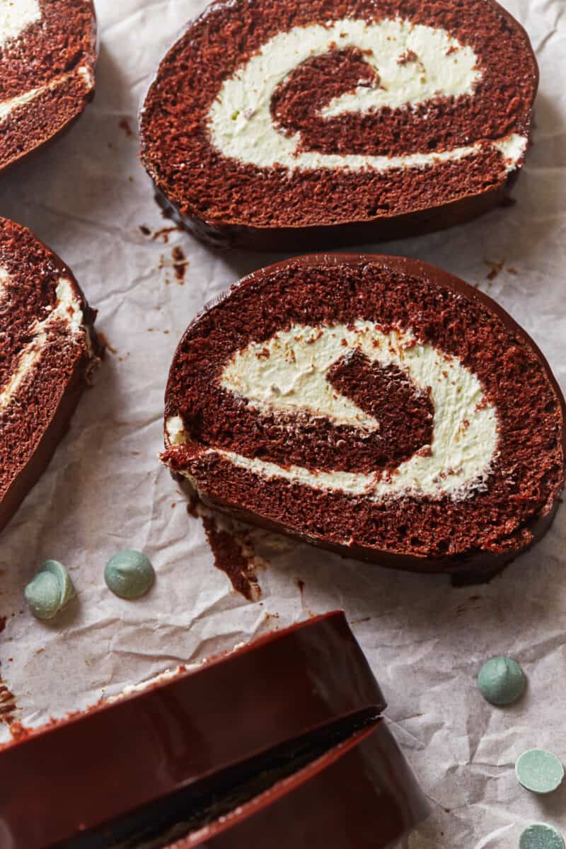 sliced mint chocolate Swiss roll pieces
