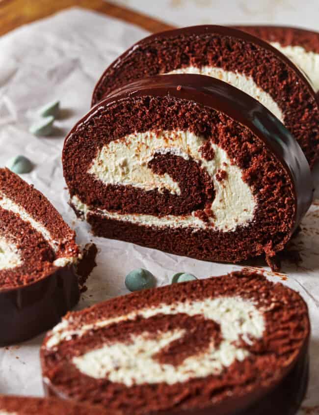 sliced mint chocolate Swiss roll pieces