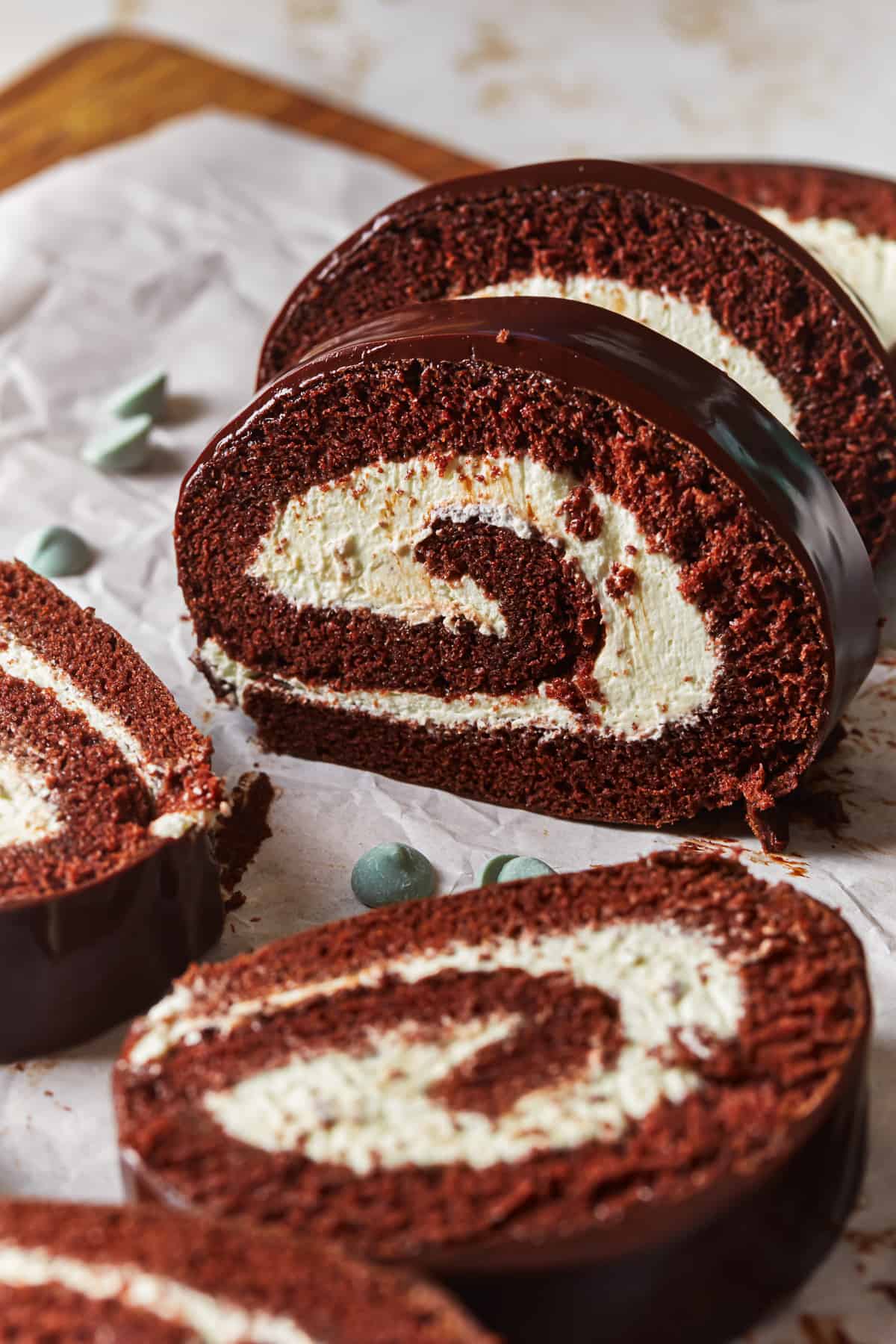 sliced mint chocolate Swiss roll pieces