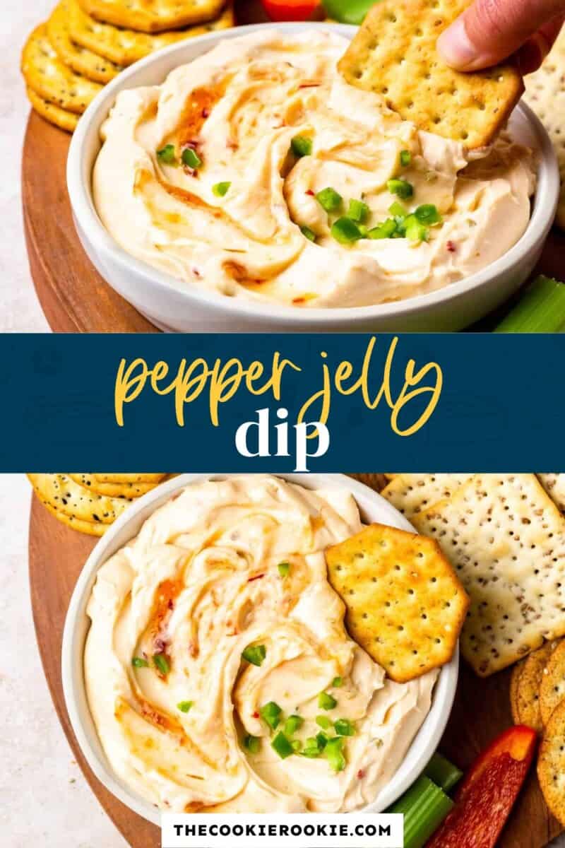 Pepper jelly dip with crackers on a plate.