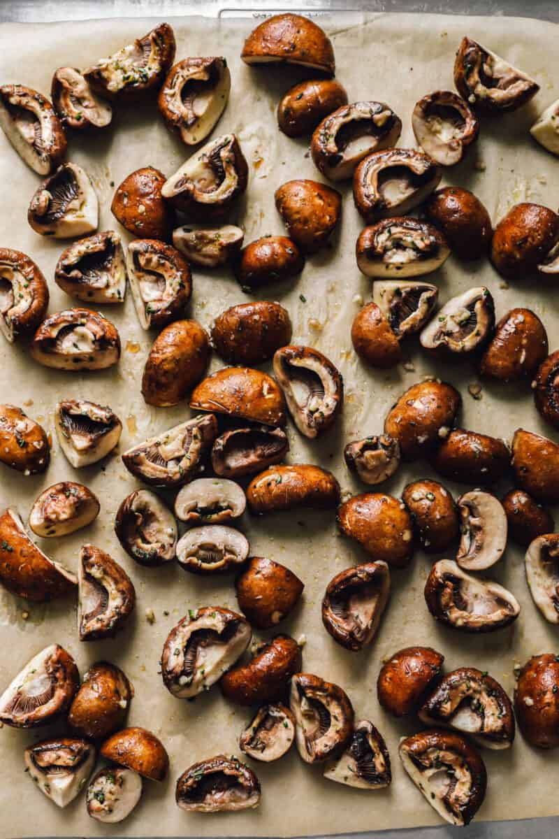 roasted mushrooms on a baking sheet.