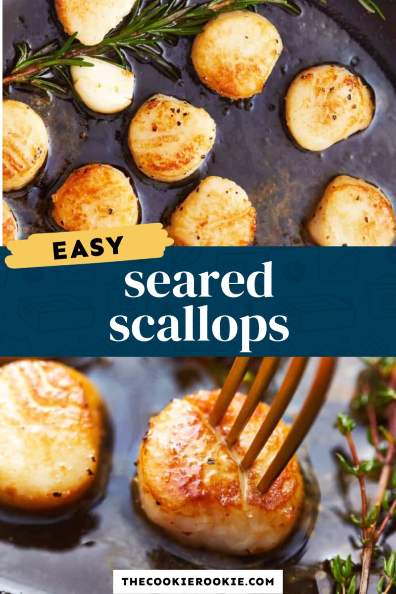 Easy seared scallops in a skillet with a fork.