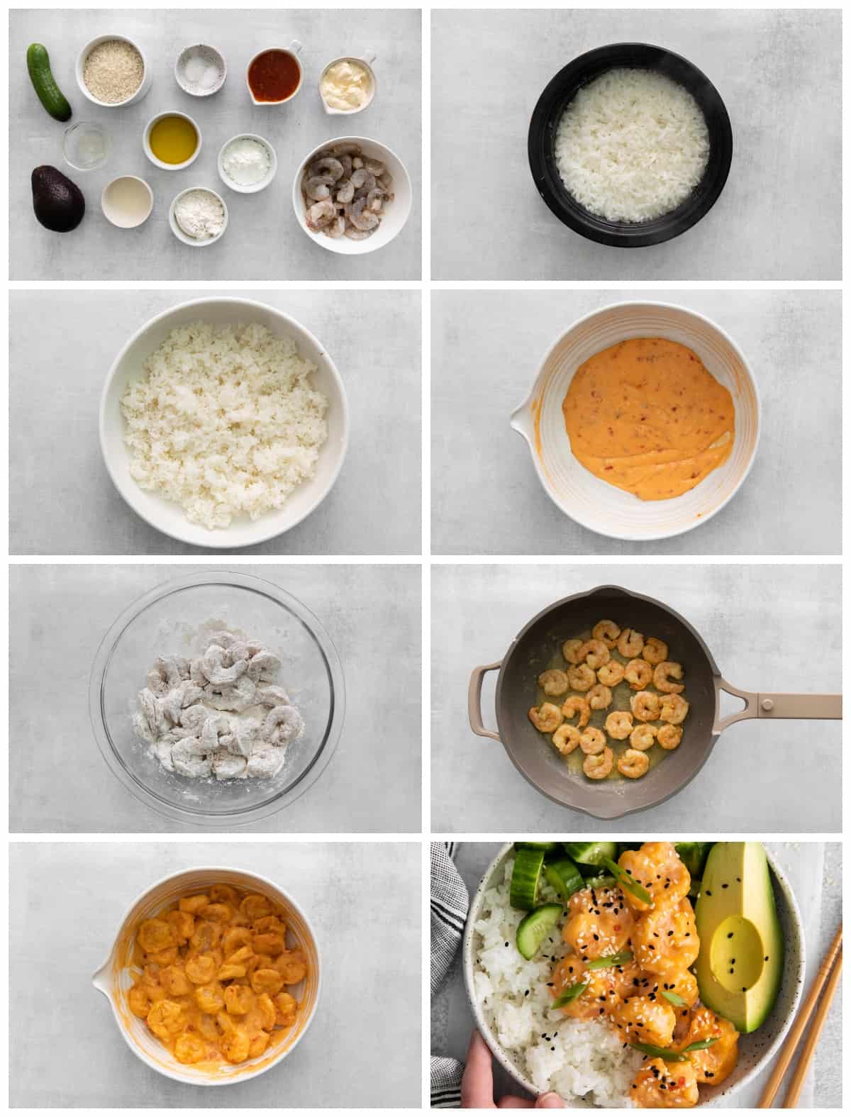 step by step photos for how to make bang bang shrimp rice bowls.