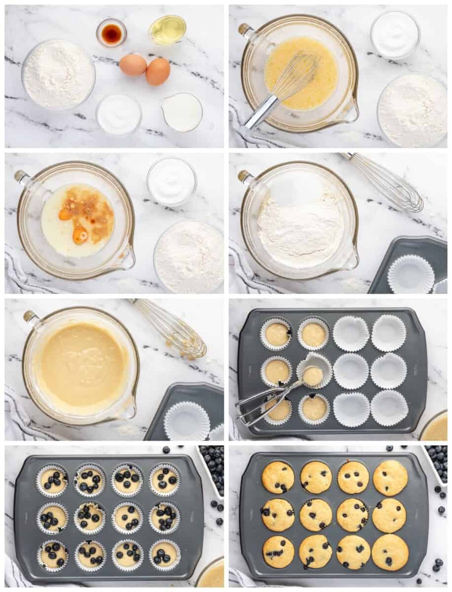 step by step photos for how to make blueberry pancake muffins.