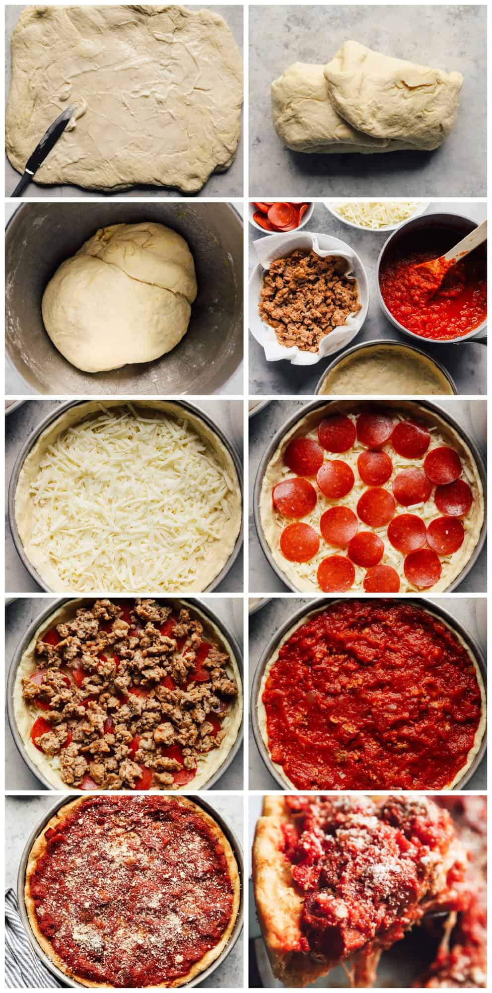 step by step photos for how to make chicago deep dish pizza.