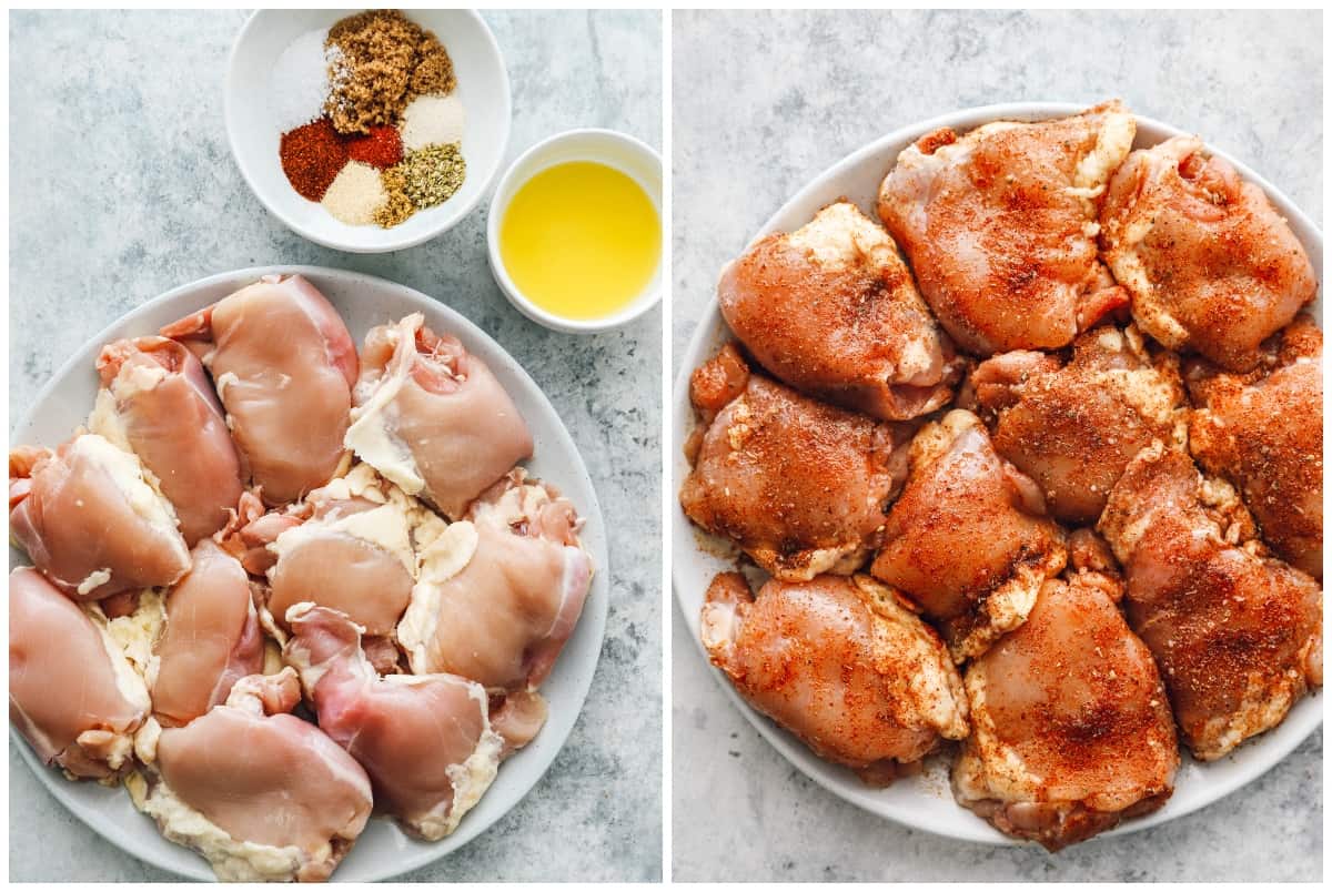 step by step photos for how to season and cook grilled chicken thighs